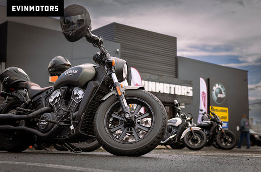 Indian motorcycle unit in front of Evinmotors Superstore