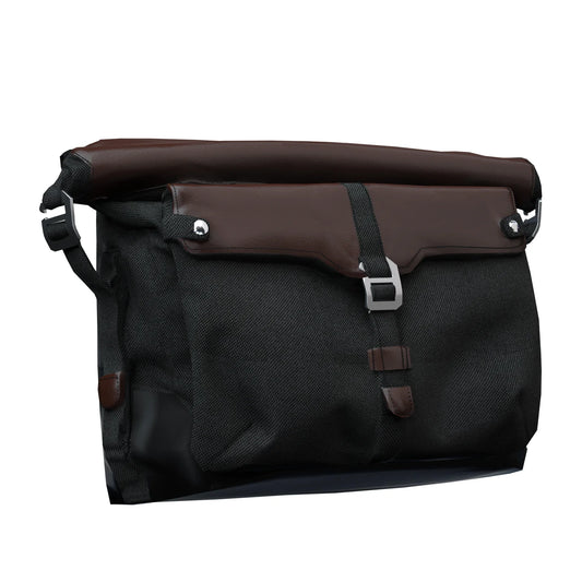 ALL-WEATHER VYNIL MESSENGER BAG W. SHOULDER STRAP, BLACK/BROWN