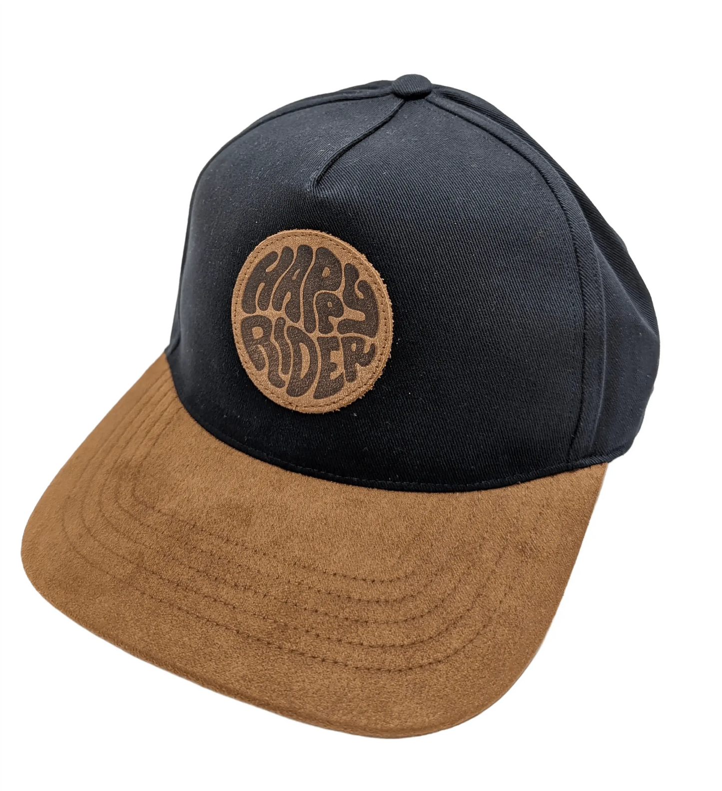 Black and brown cap with 'Happy Rider' patch on a white background