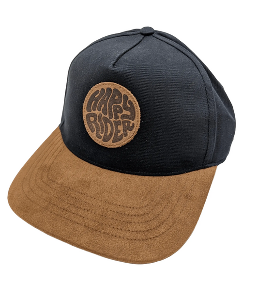 Black and brown cap with 'Happy Rider' patch on a white background